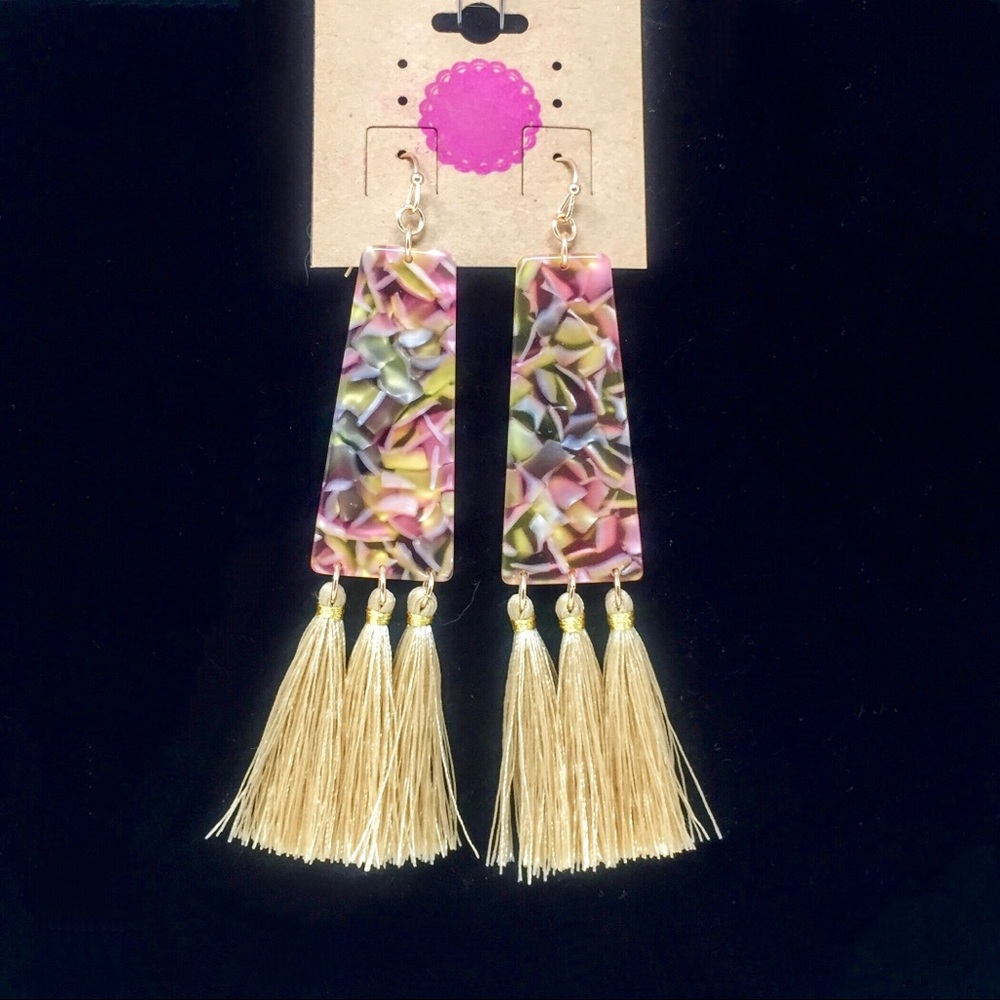 Pink, black, multicolored lucite & tassel earrings